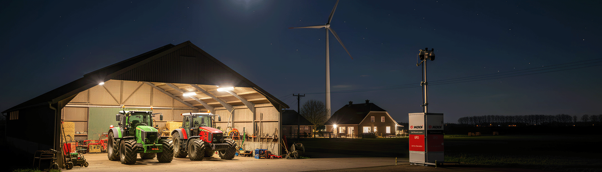 Agrarische machines in een stal met camerabeveiliging