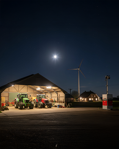 Agrarische machines in een stal met mobiele camerabeveiliging