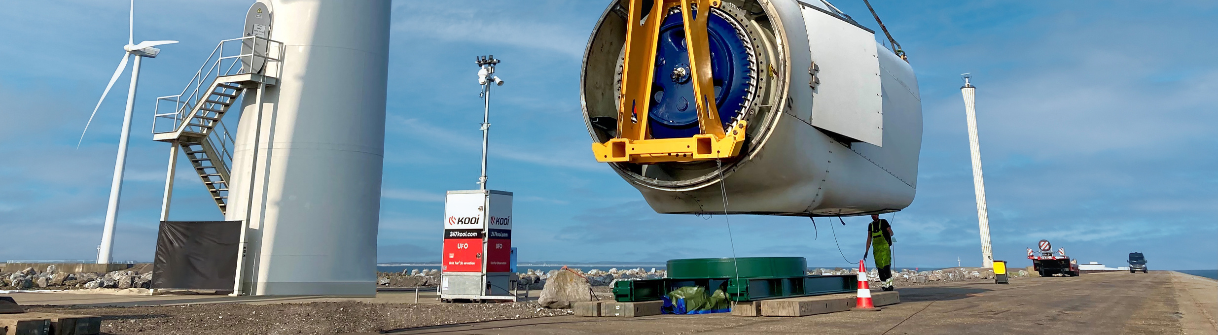 Gli UFO di videosorveglianza Kooi aumentano La sicurezza dei parchi eolici, riducendo incidenti e garantendo cantieri più sicuri ed efficienti.